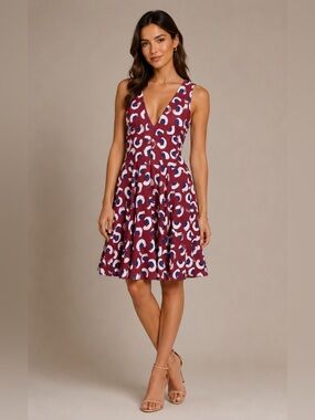Elle Sasson Maroon Abstract Leopard Print V-Neck/Back Silk Cocktail Dress size 8